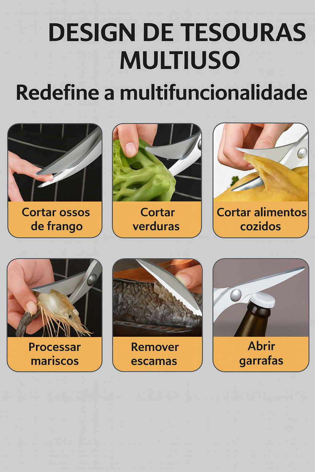 Tesouras multiusos podem cortar ossos, frango, carne de vaca e porco.